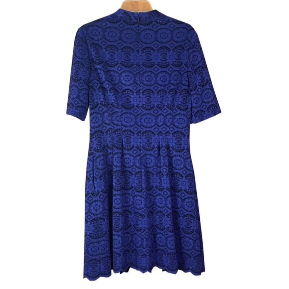 Vince Camuto Fit & Flare Dress Size 12 Blue Lace Mock Neck Scalloped Hem Pockets - Picture 2 of 4